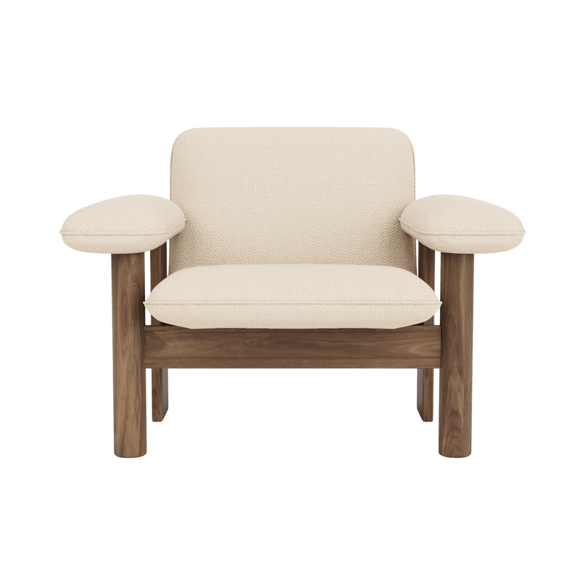 Brasilia Lounge Chair, Low Back, in cream Audo Bouclé textile with a dark walnut frame, shown from the front.