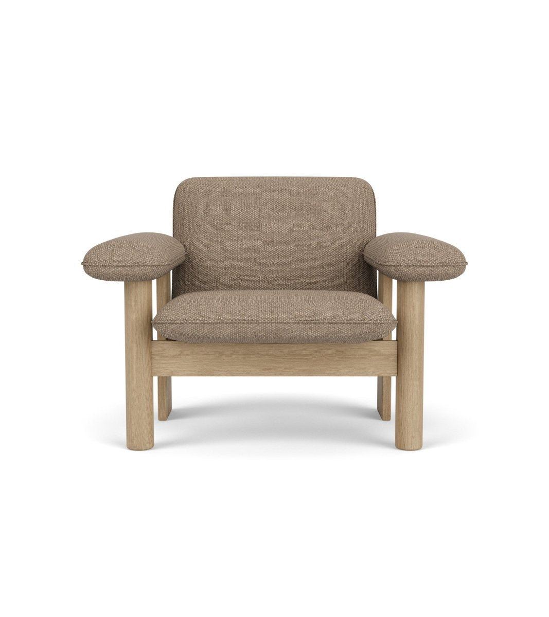 Brasilia Lounge Chair, Low Back with a natural oak frame and Logan Flint textile upholstery, shown from the front.
