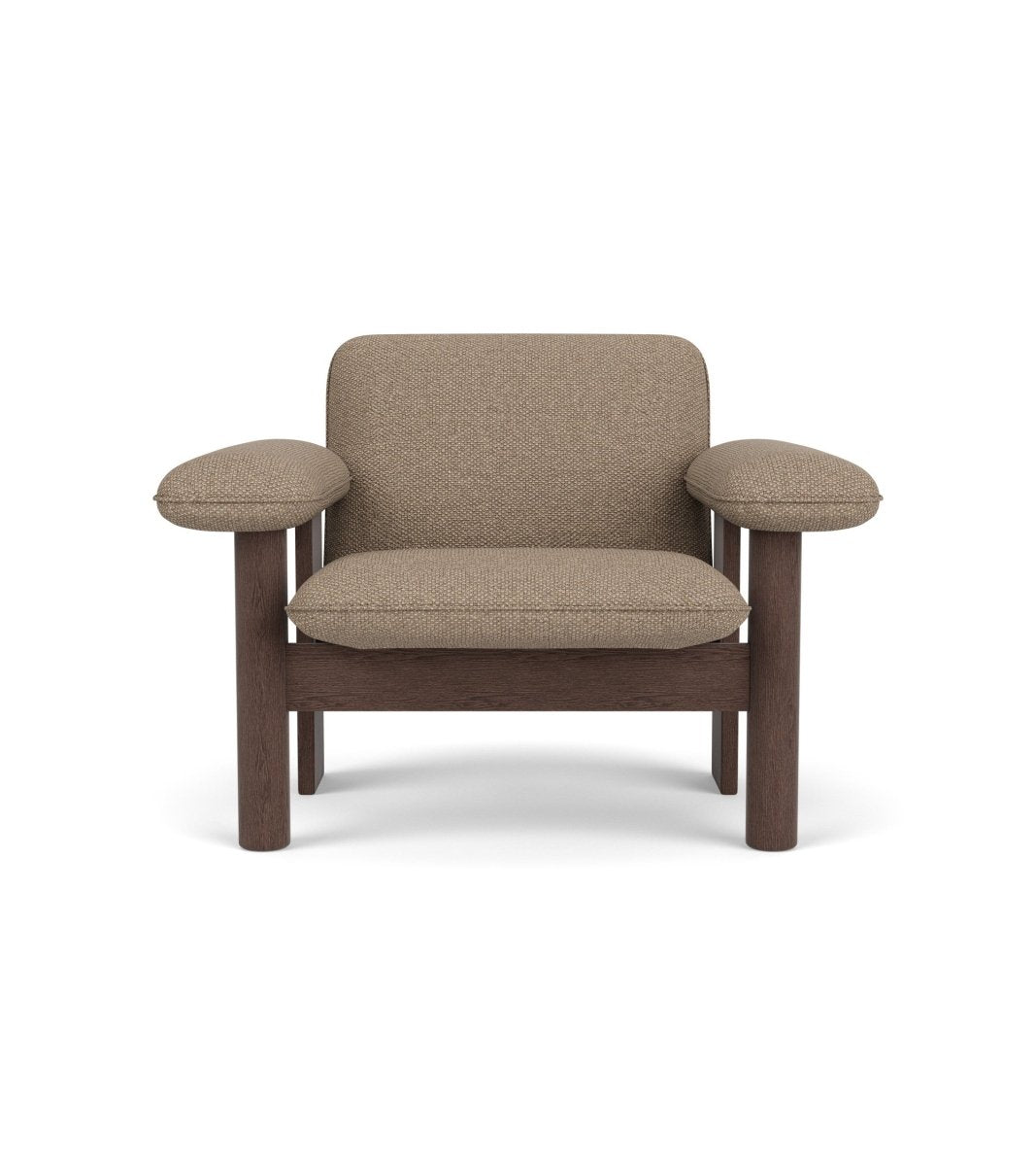 Brasilia Lounge Chair, Low Back, featuring Logan Flint textile upholstery and a dark stained oak frame, seen from the front.