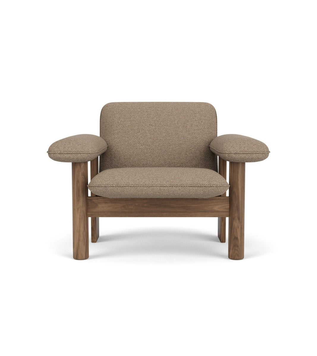 Brasilia Lounge Chair, Low Back, with Logan Flint textile upholstery and a solid walnut frame, shown from the front.
