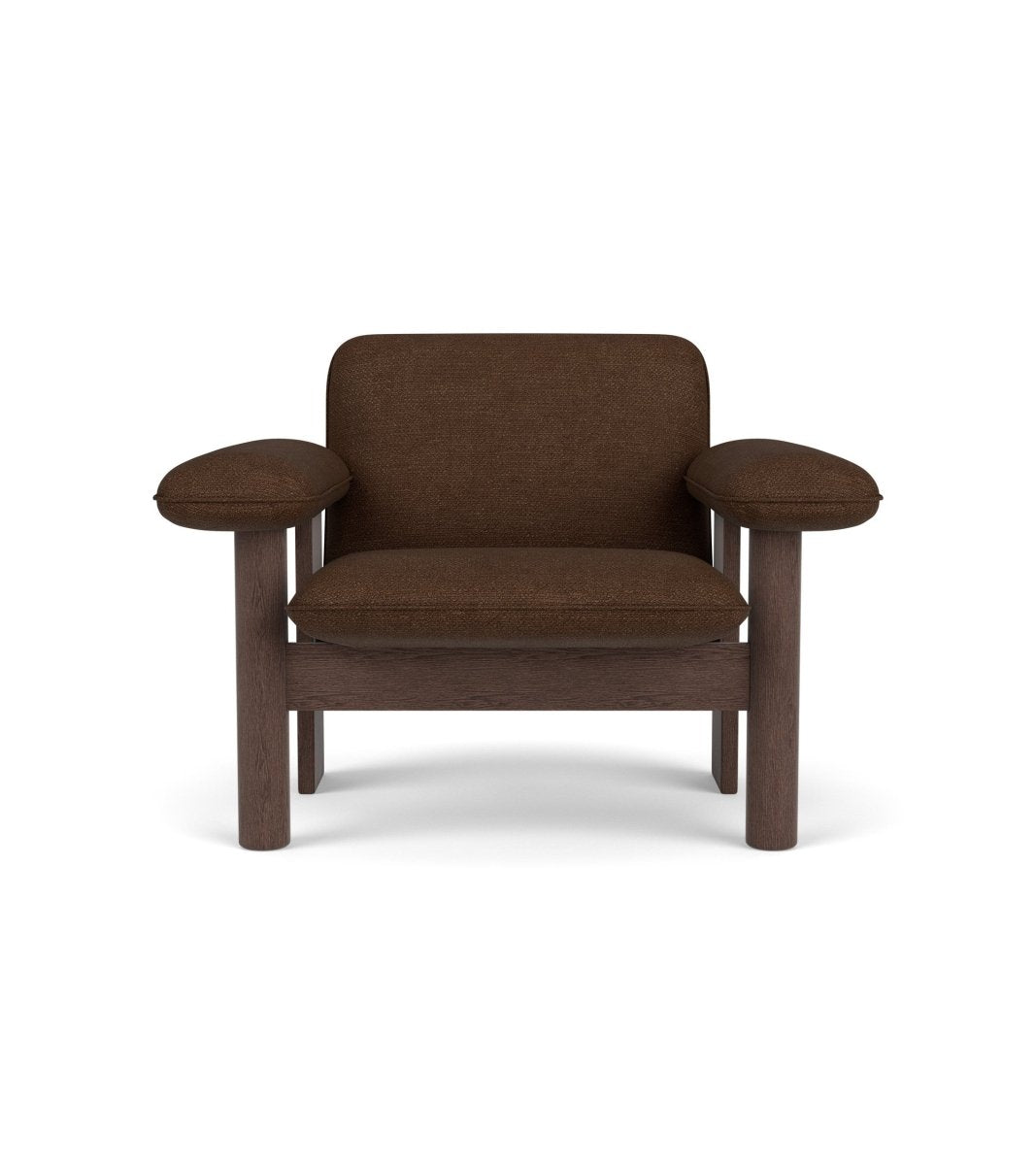 Front view of the Brasilia Lounge Chair, Low Back, in brown Audo Bouclé 07 textile and a dark stained oak frame.
