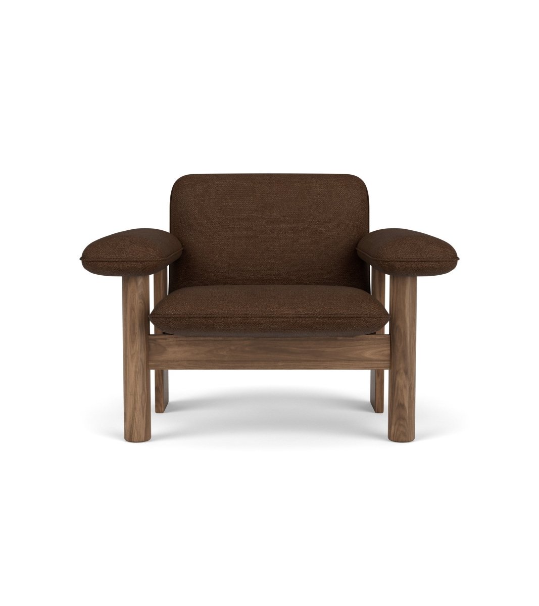Front view of the Brasilia Lounge Chair, Low Back, with brown Audo Bouclé 07 upholstery and a solid walnut frame.