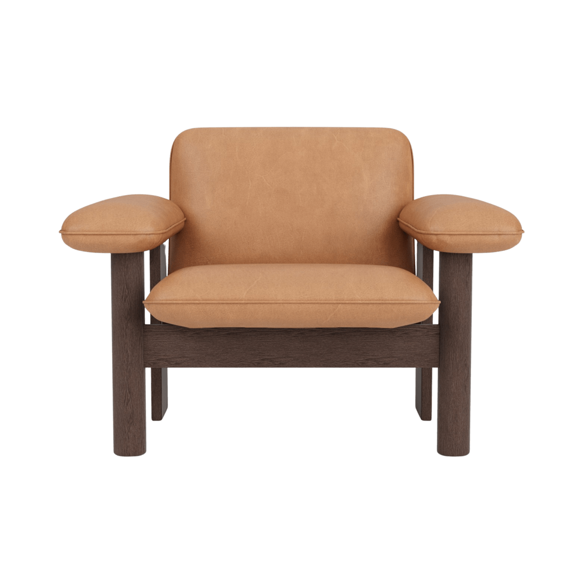 Brasilia Lounge Chair, Low Back, in tan Dunes Camel leather with a dark stained oak frame, shown from the front.