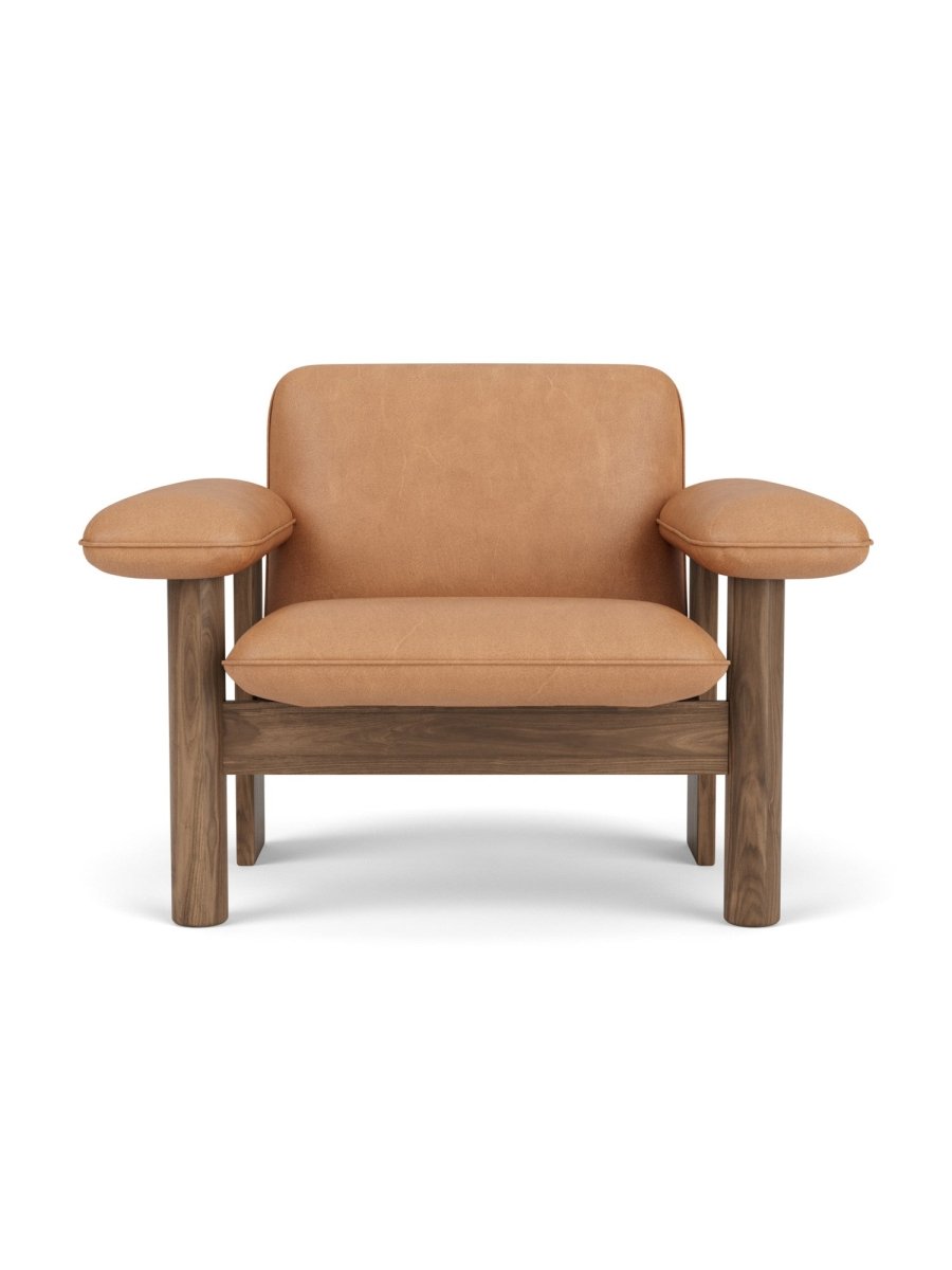 Front view of the Brasilia Lounge Chair, Low Back, with tan upholstery and a solid walnut frame.