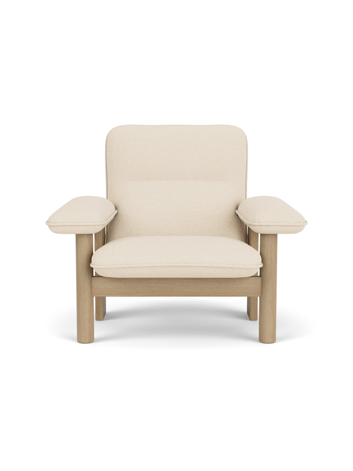 Front view of the Brasilia Lounge Chair with a natural oak frame and light beige textile upholstery.