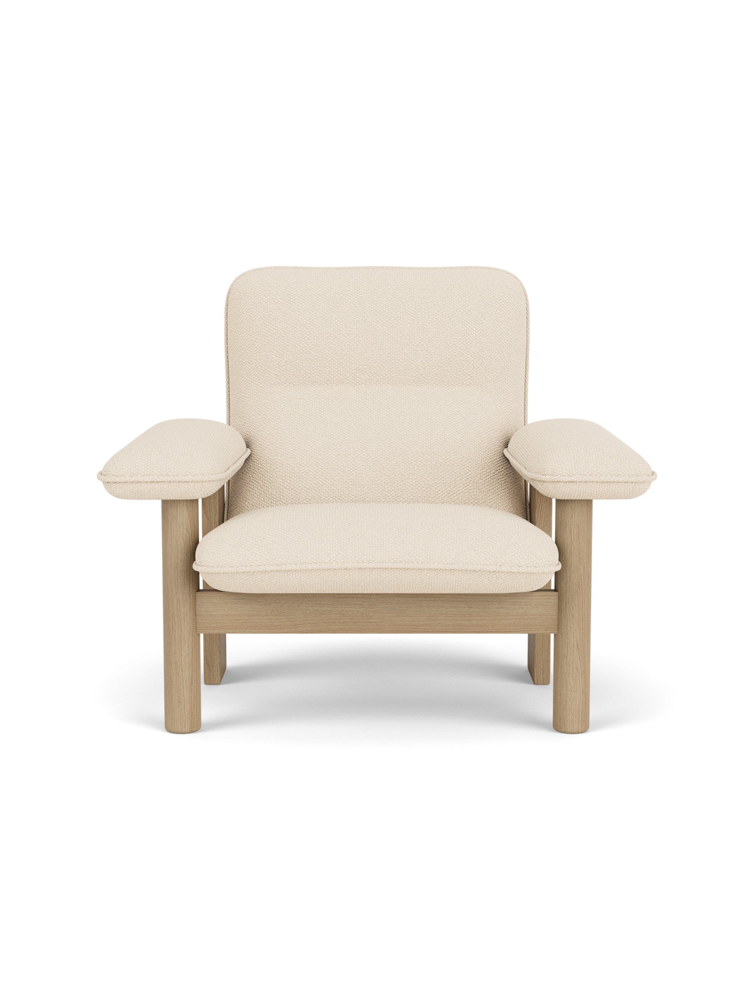Front view of the Brasilia Lounge Chair with a natural oak frame and light beige textile upholstery.
