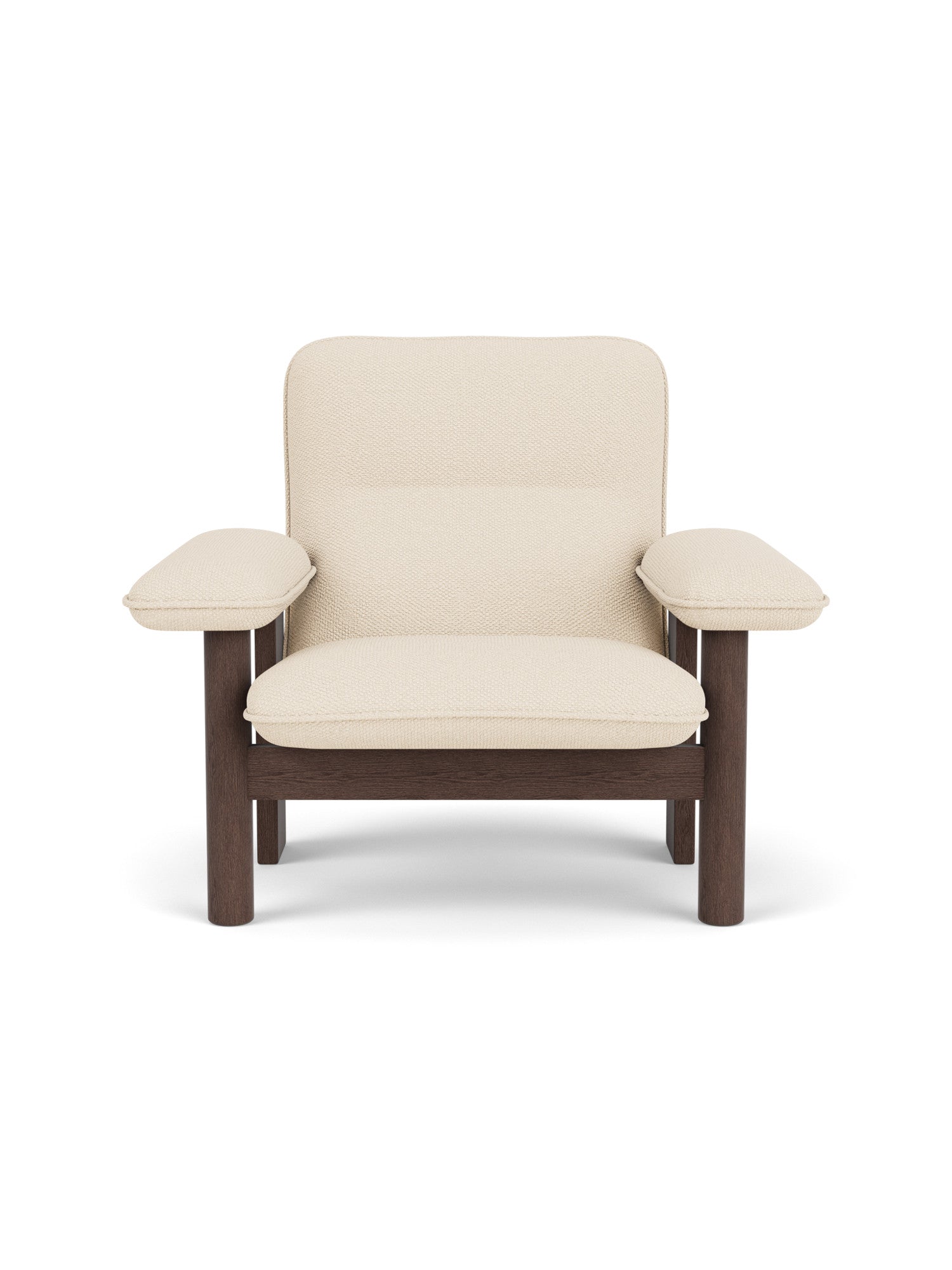 Front view of the Brasilia Lounge Chair with cream bouclé upholstery and a dark stained oak frame.