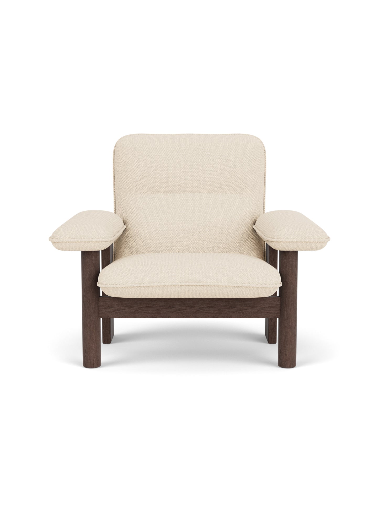 Front view of the Brasilia Lounge Chair with cream bouclé upholstery and a dark stained oak frame.