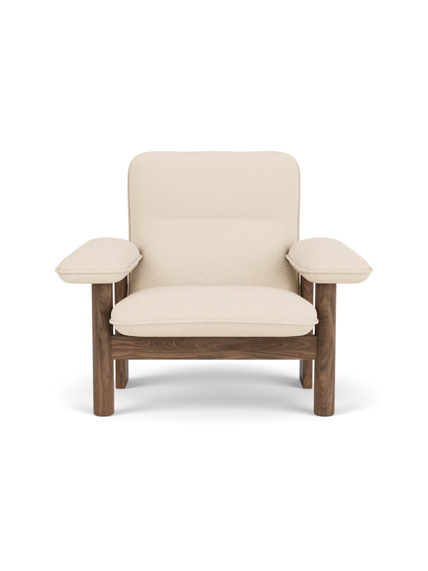 Front view of the Brasilia Lounge Chair upholstered in cream bouclé with a dark walnut wood frame.