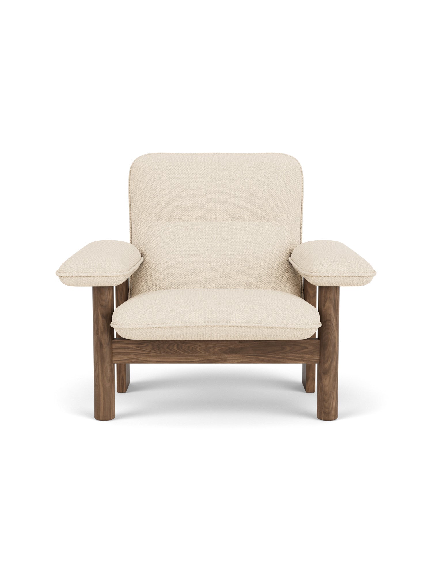 Front view of the Brasilia Lounge Chair upholstered in cream bouclé with a dark walnut wood frame.