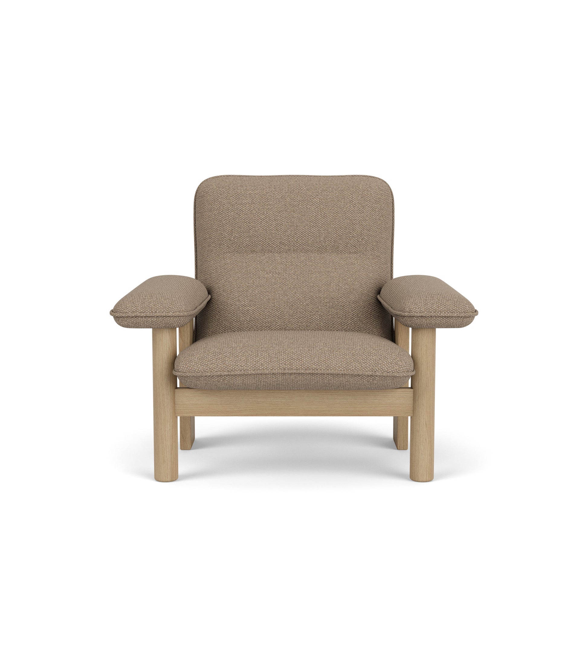 Front view of the Brasilia Lounge Chair in Logan Flint textile with a natural oak frame.