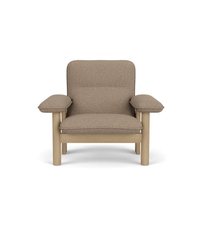 Front view of the Brasilia Lounge Chair in Logan Flint textile with a natural oak frame.