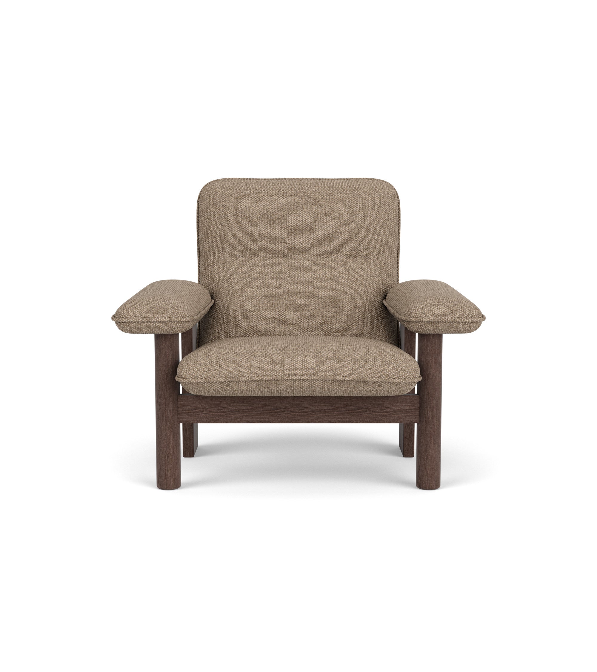 Brasilia Lounge Chair with a dark stained oak frame and textured Logan Flint textile upholstery, front view.