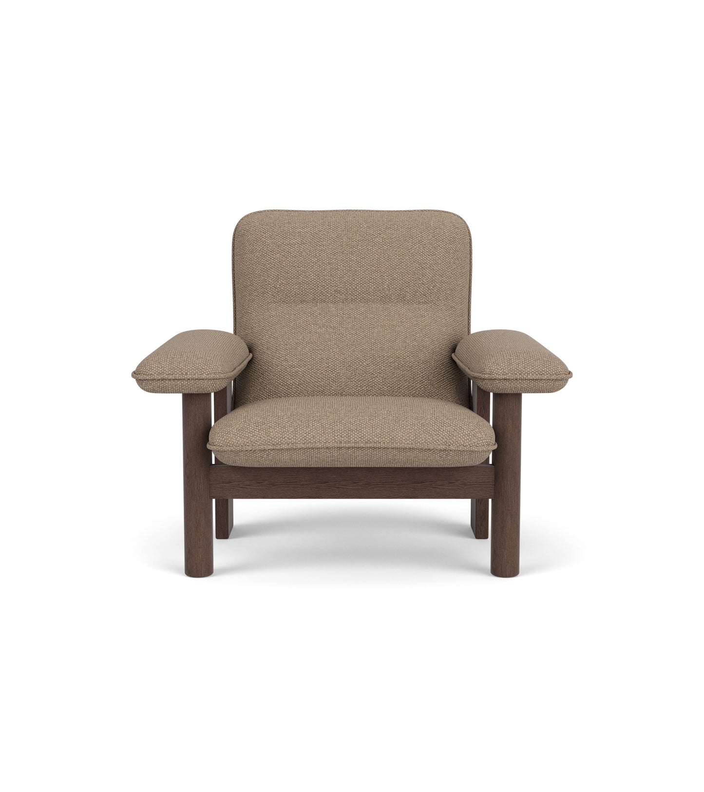 Brasilia Lounge Chair with a dark stained oak frame and textured Logan Flint textile upholstery, front view.