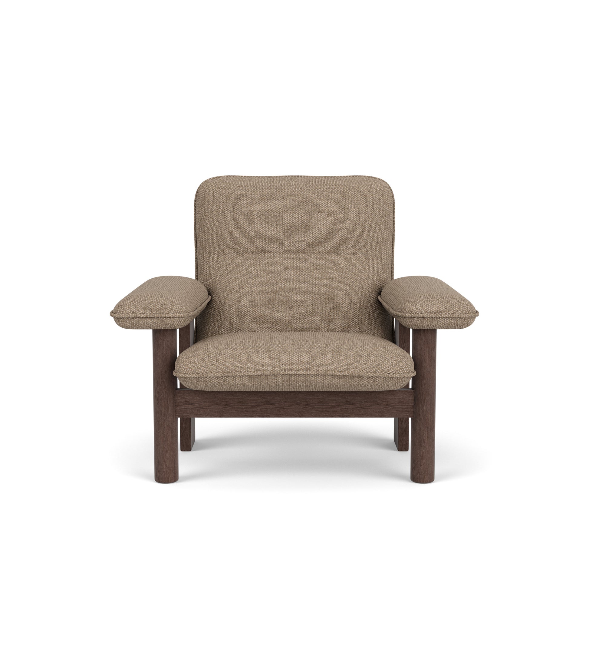 Brasilia Lounge Chair with a dark stained oak frame and textured Logan Flint textile upholstery, front view.