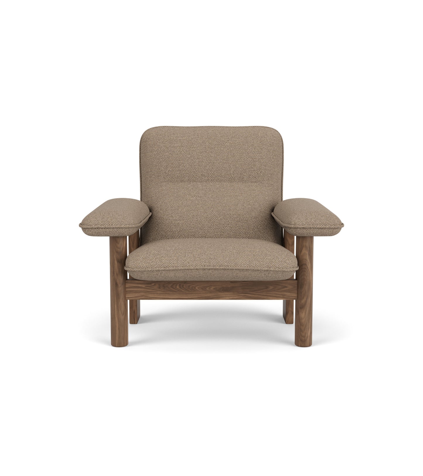 The Brasilia Lounge Chair seen from the front, with a solid walnut frame and Logan Flint textile upholstery.