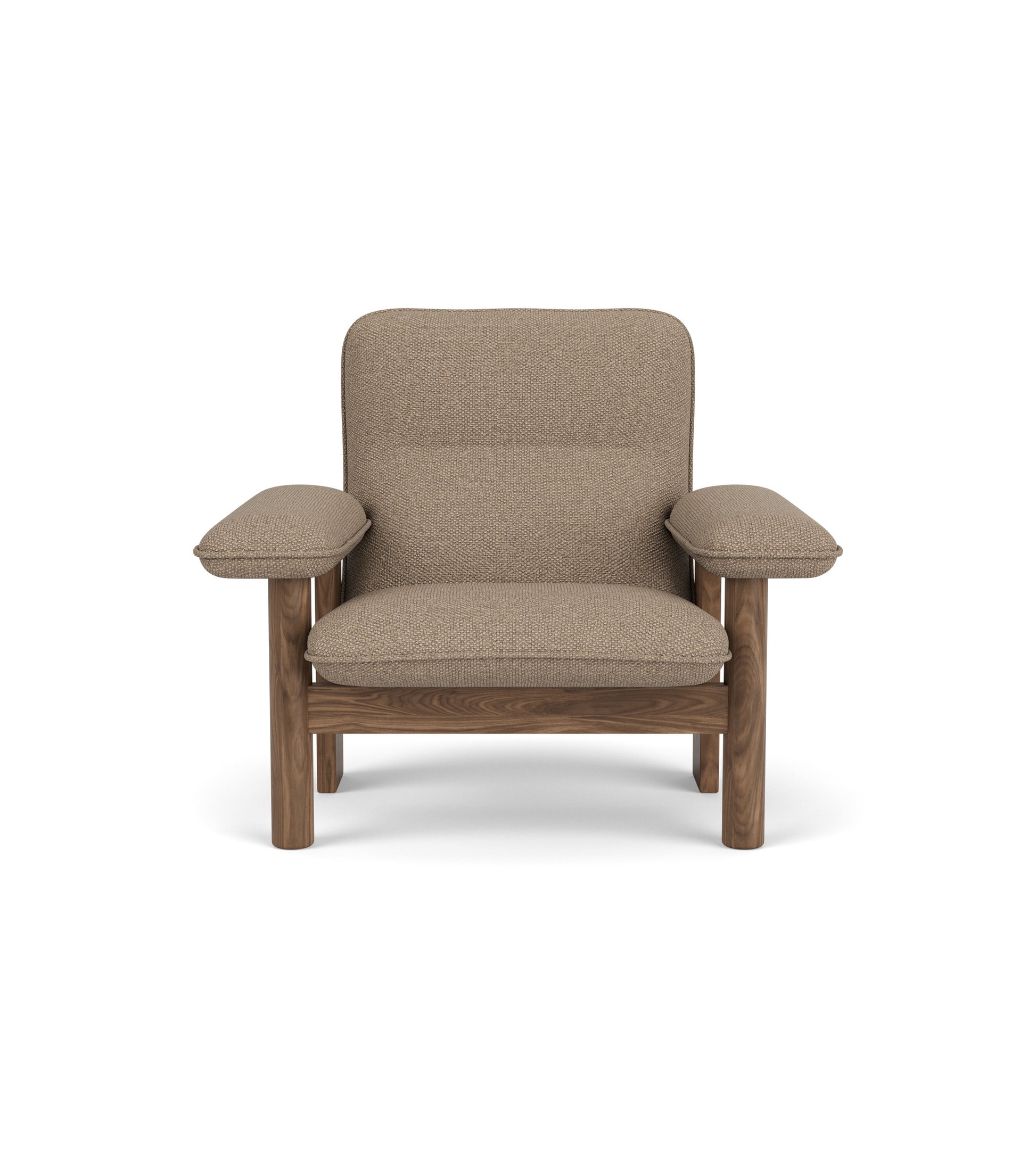 The Brasilia Lounge Chair seen from the front, with a solid walnut frame and Logan Flint textile upholstery.