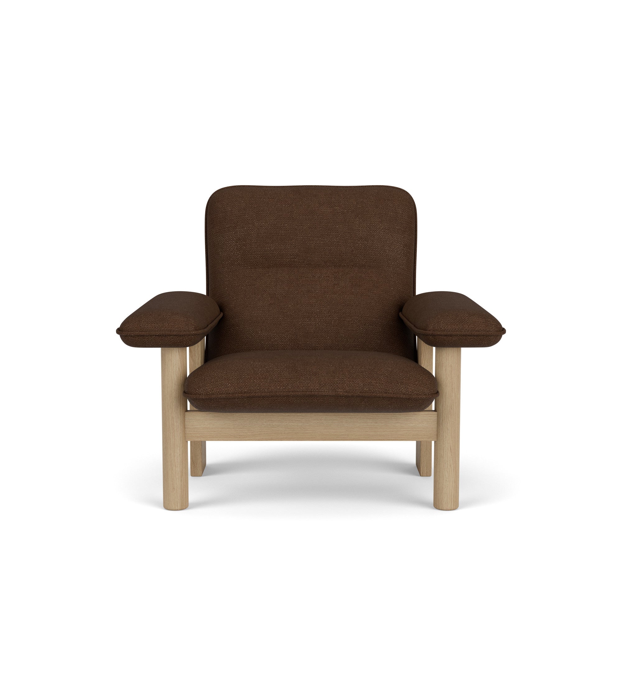 Front view of the Brasilia Lounge Chair, featuring a natural oak frame and dark brown Audo Bouclé 07 textile.