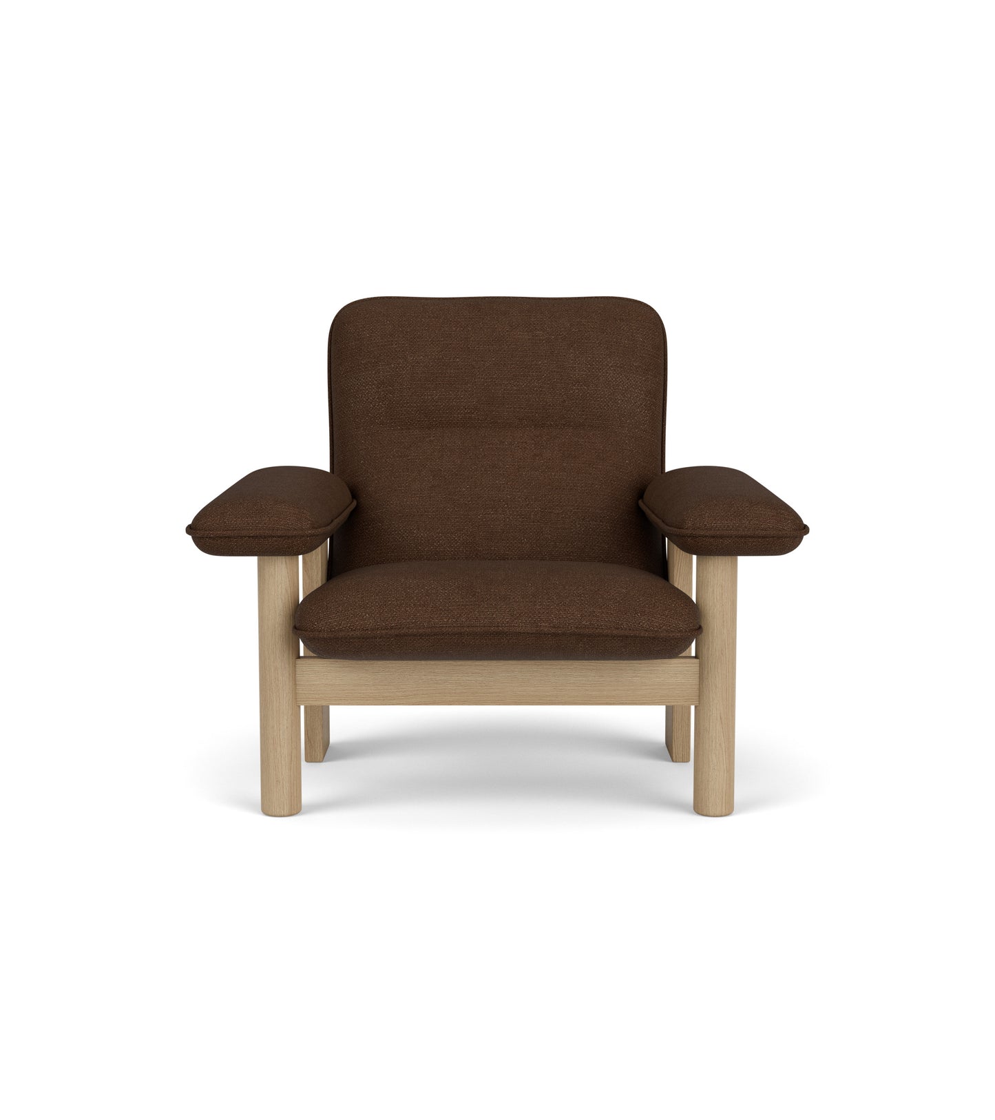 Front view of the Brasilia Lounge Chair, featuring a natural oak frame and dark brown Audo Bouclé 07 textile.
