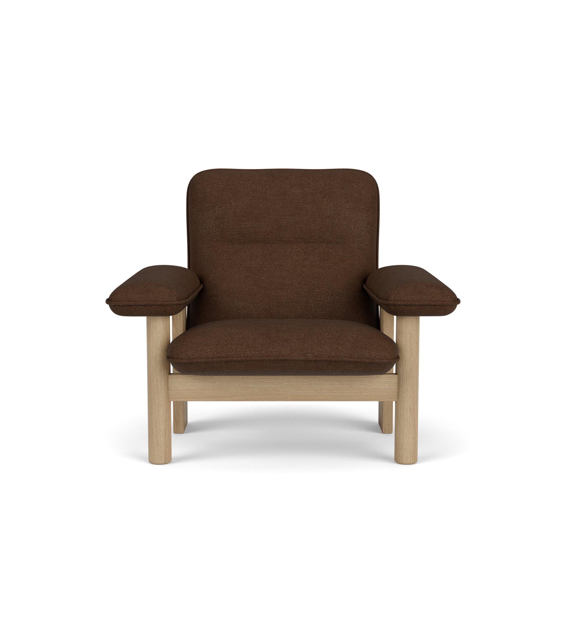 Front view of the Brasilia Lounge Chair, featuring a natural oak frame and dark brown Audo Bouclé 07 textile.