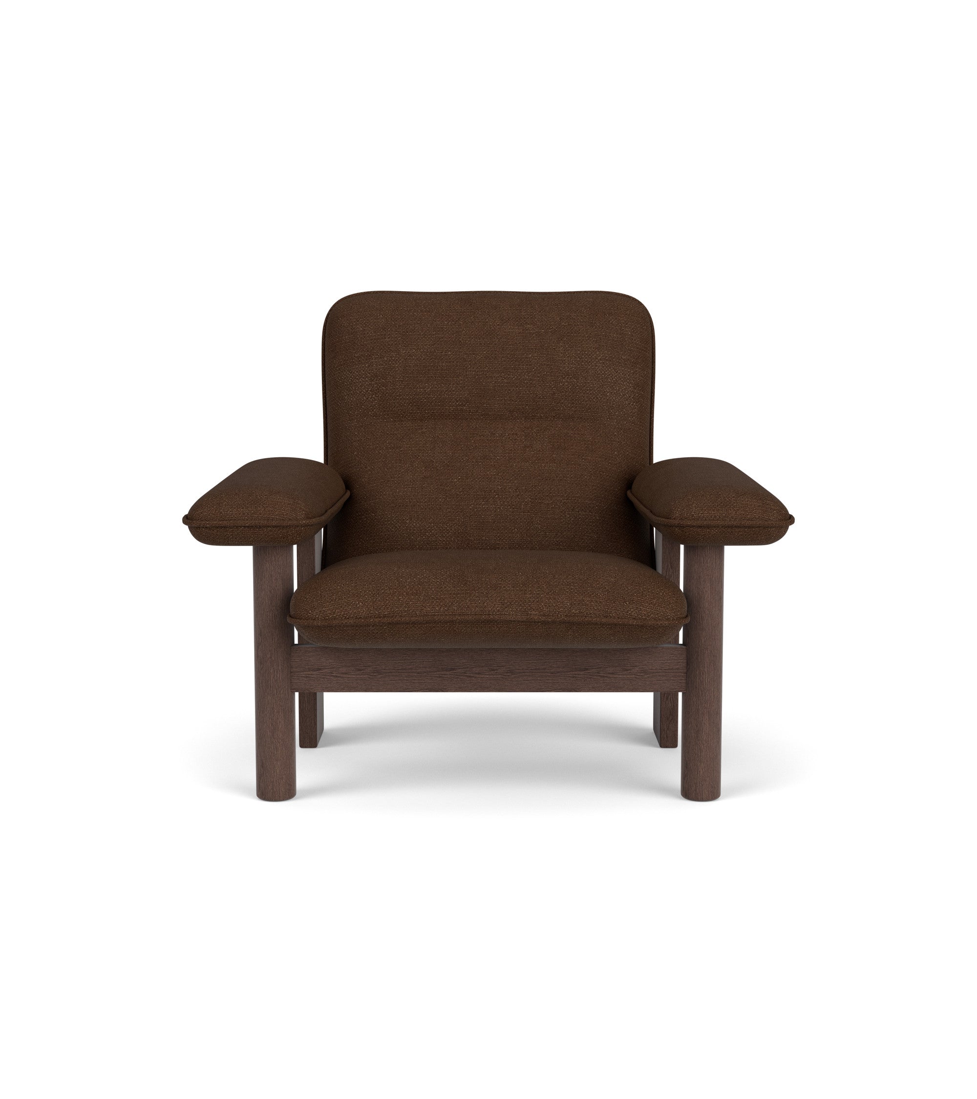 Front view of the Brasilia Lounge Chair in dark brown Audo Bouclé 07 textile and a dark stained oak frame.
