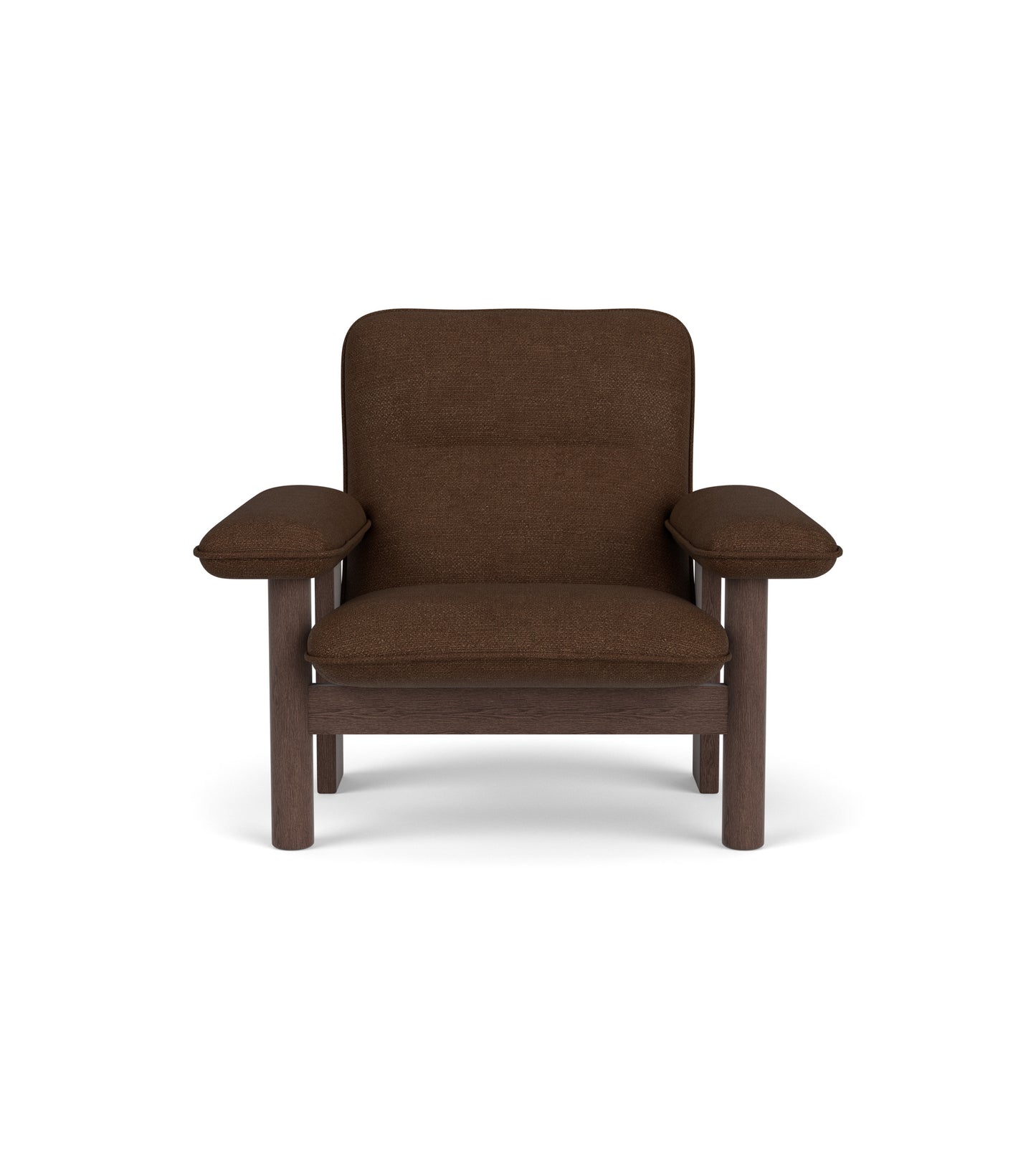 Front view of the Brasilia Lounge Chair in dark brown Audo Bouclé 07 textile and a dark stained oak frame.