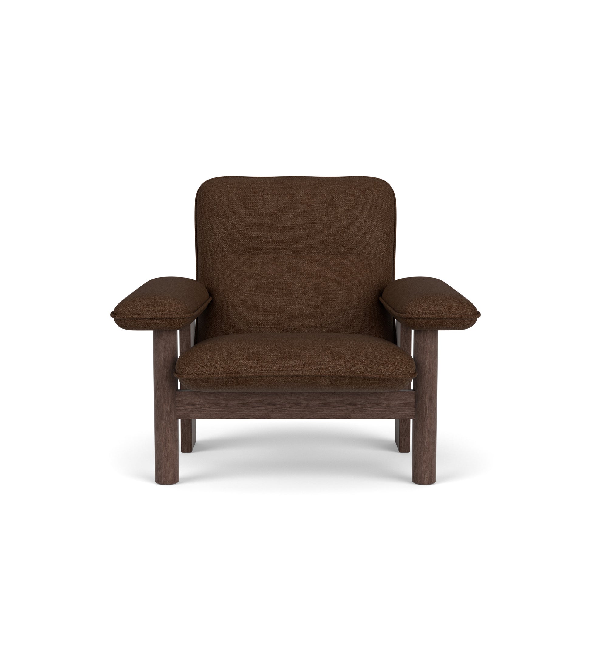 Front view of the Brasilia Lounge Chair in dark brown Audo Bouclé 07 textile and a dark stained oak frame.