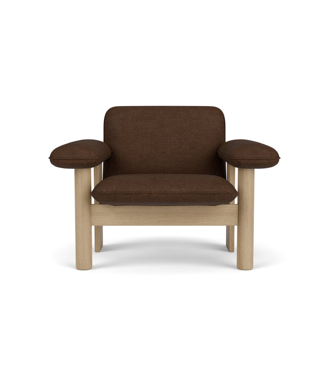 Brasilia Lounge Chair, Low Back, in brown Audo Bouclé 07 textile with a natural oak frame, shown from the front.