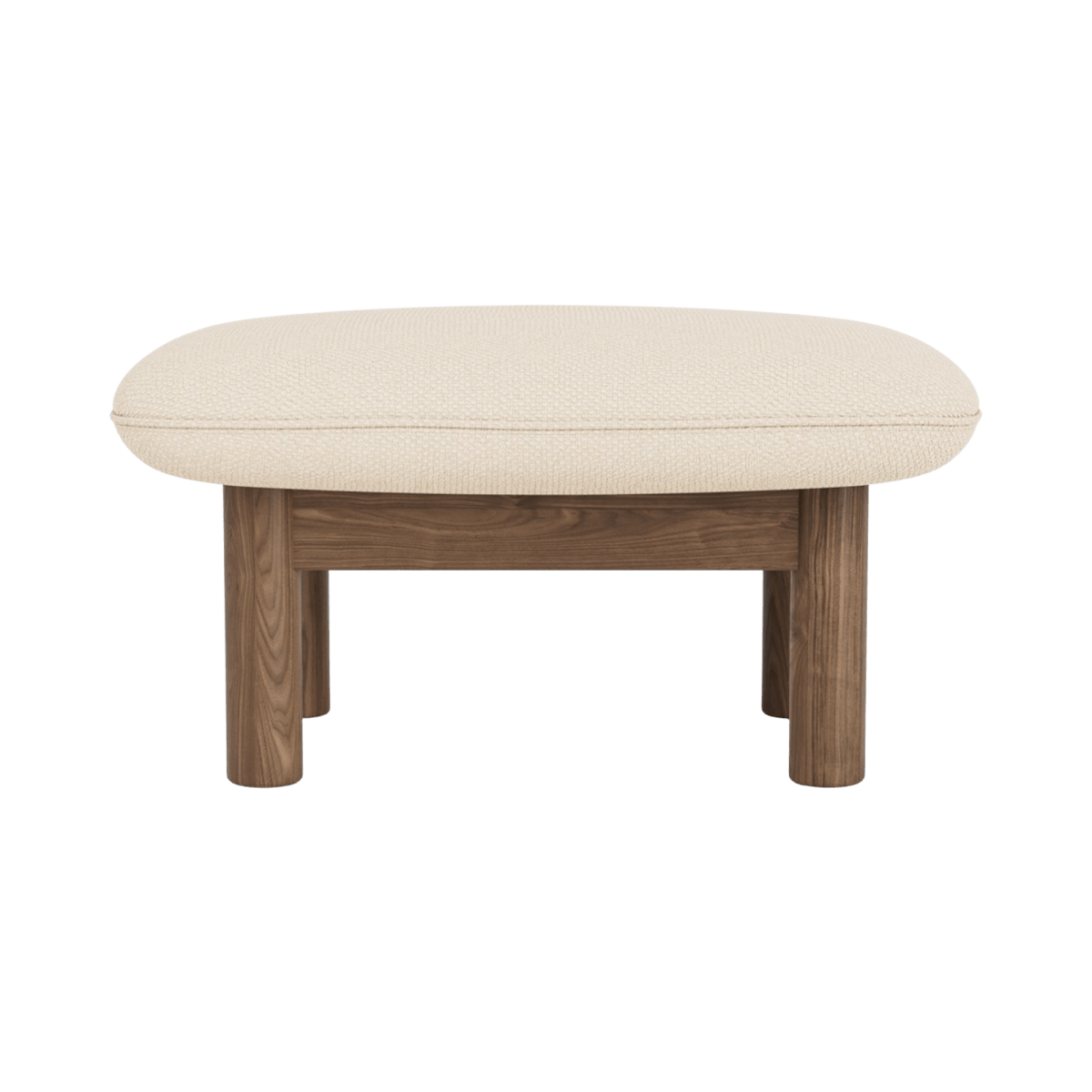 Brasilia Ottoman seen from the front, with a dark wood frame and light beige textured bouclé upholstery.