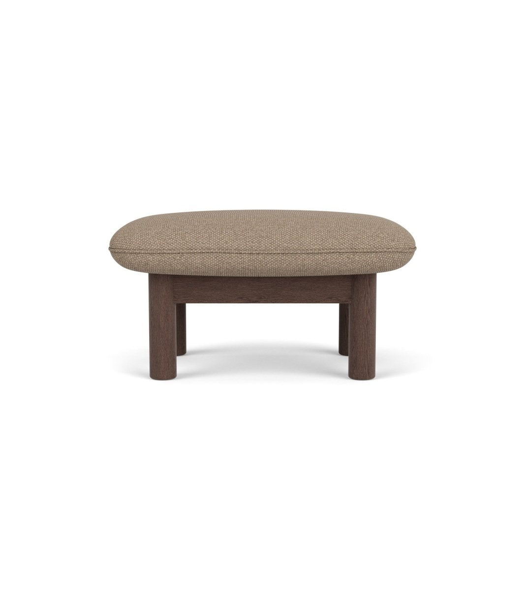 Brasilia Ottoman seen from the front, with dark stained oak legs and textured Logan Flint textile upholstery.
