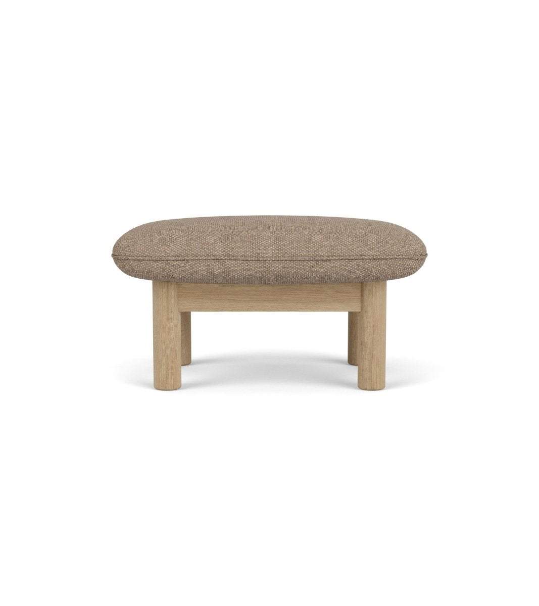 The Brasilia Ottoman upholstered in Logan Flint textile with a solid natural oak frame, seen from the front.