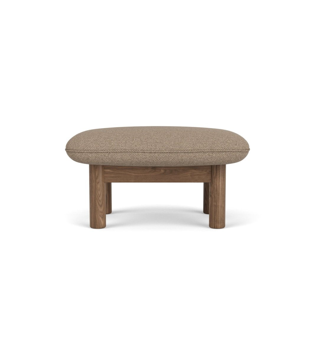 Front view of the Brasilia Ottoman upholstered in Logan Flint textile with a sturdy solid walnut frame.