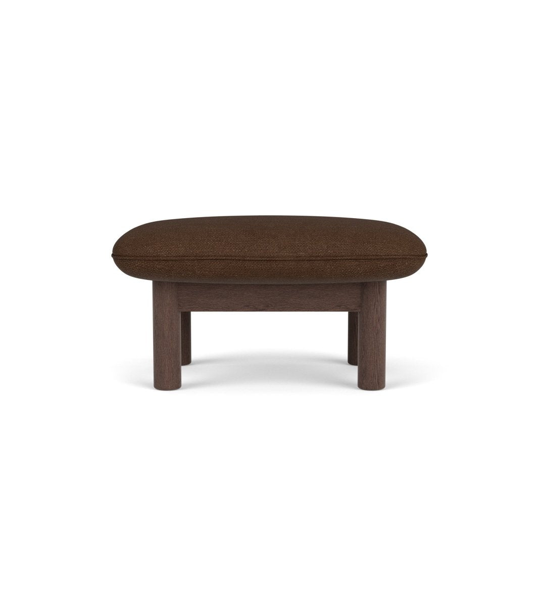 Front view of the Brasilia Ottoman with a dark stained oak frame and textured Audo Bouclé 07 upholstery.