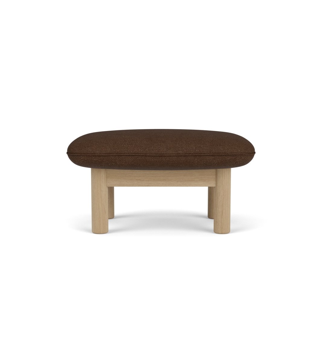 Brasilia Ottoman in brown Audo Bouclé 07 upholstery, featuring a sturdy natural oak frame seen from the front.