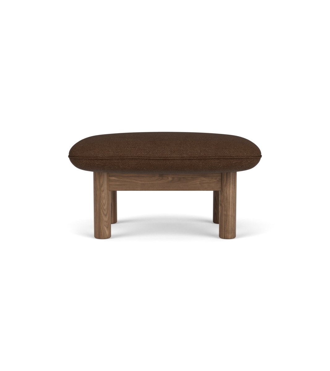 Brasilia Ottoman in dark brown Audo Bouclé 07 textile upholstery with a sturdy, low-lying walnut wood frame.