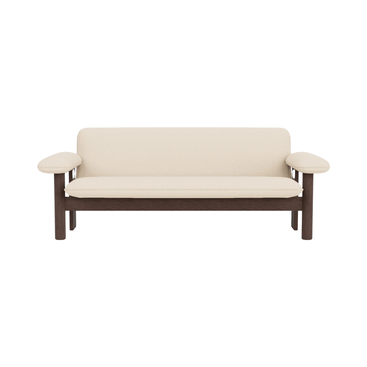Brasilia Sofa in light beige bouclé upholstery with a dark stained oak frame, viewed from the front.