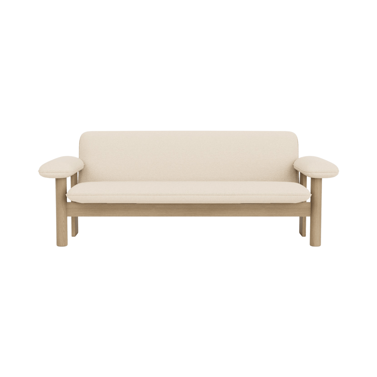 Front view of the Brasilia Sofa featuring a natural oak wood frame and plush cream bouclé textile upholstery.