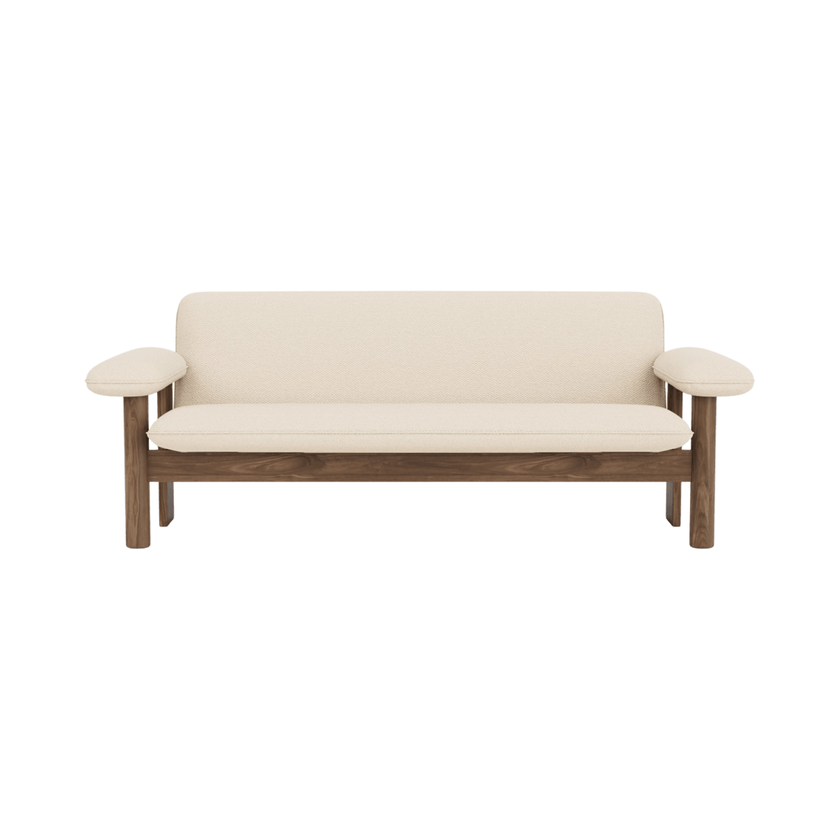Front view of the Brasilia Sofa, Textile, featuring a dark stained oak frame and light off-white bouclé upholstery.
