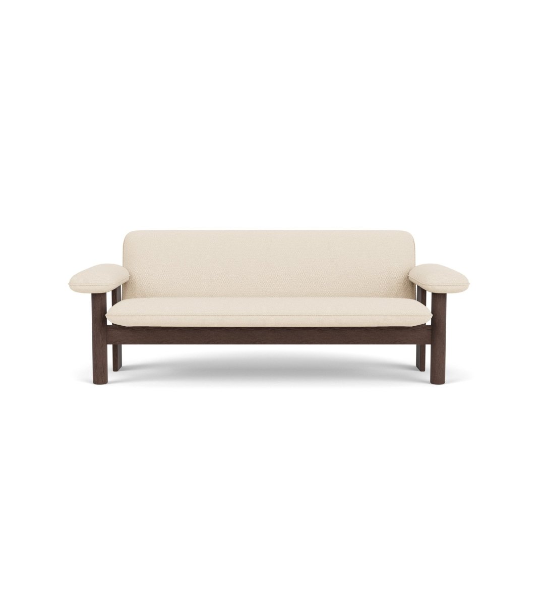 Front view of the Brasilia Sofa featuring a dark stained oak frame and cream Logan Jasmine textile upholstery.