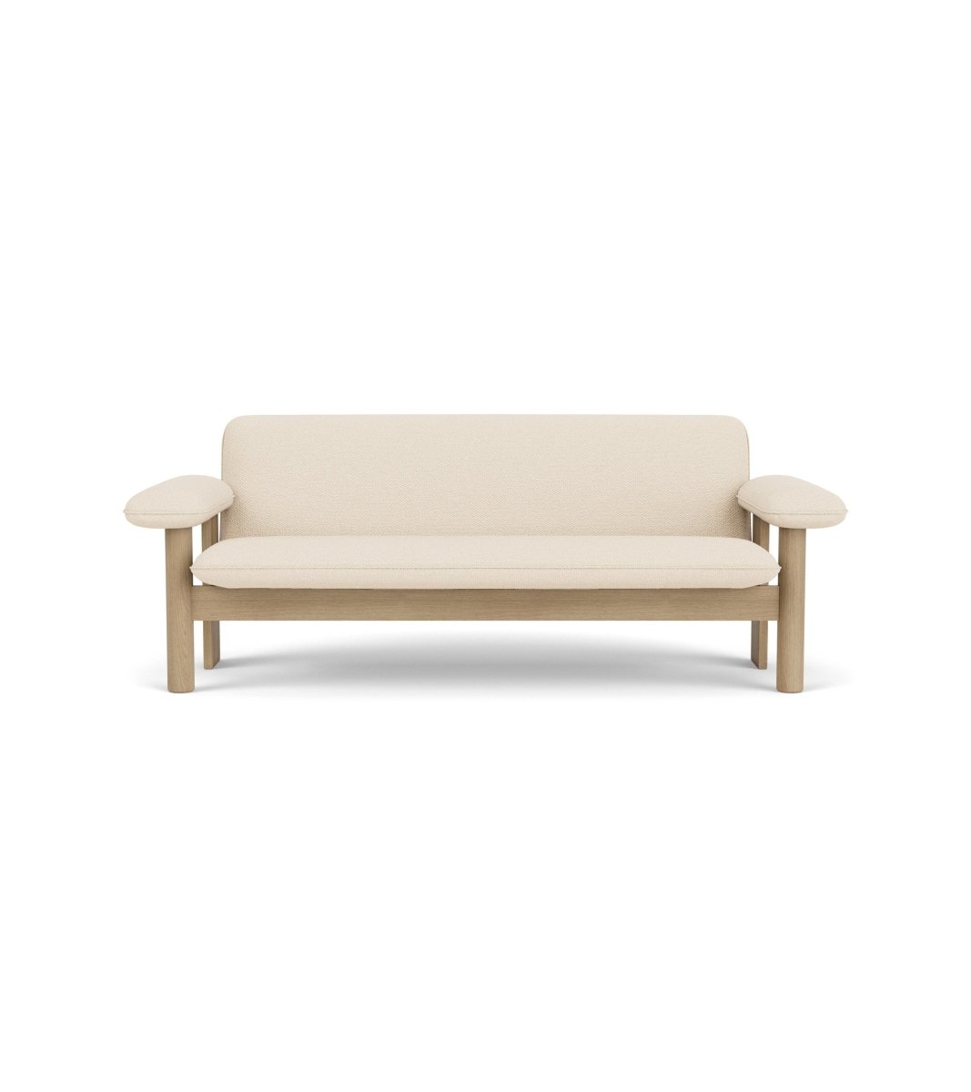 Front view of the Brasilia Sofa in Logan Jasmin textile, featuring a solid natural oak frame and wide armrests.