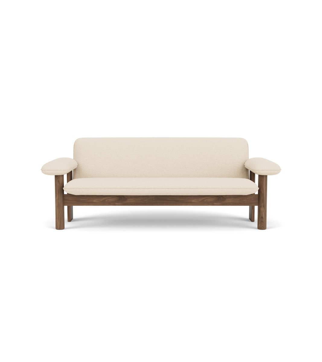 Front-facing Brasilia Sofa featuring light Logan Jasmine textile upholstery and a solid dark walnut wood frame.