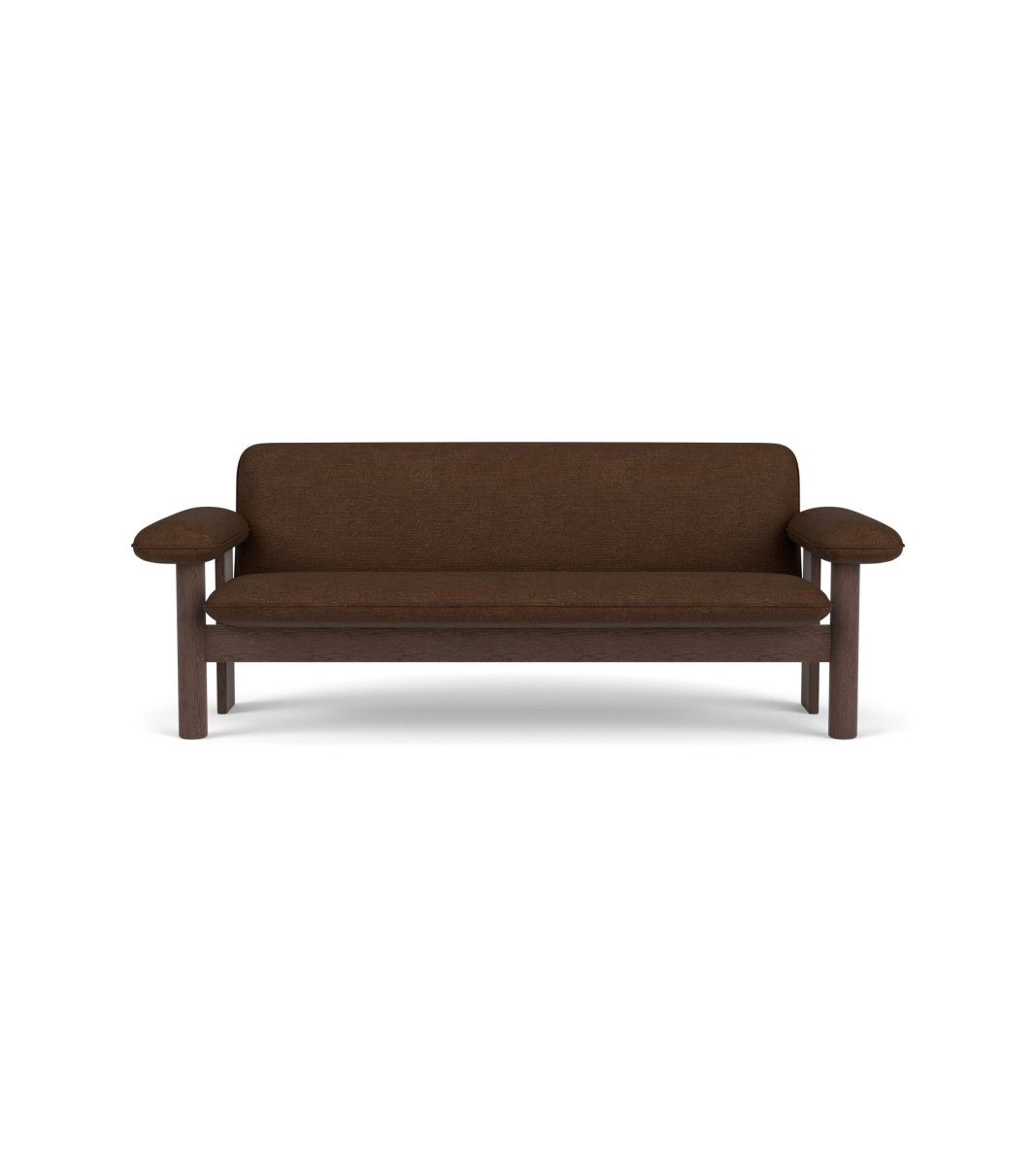 Front view of the Brasilia Sofa with a dark stained oak frame and brown Audo Bouclé 07 textile upholstery.