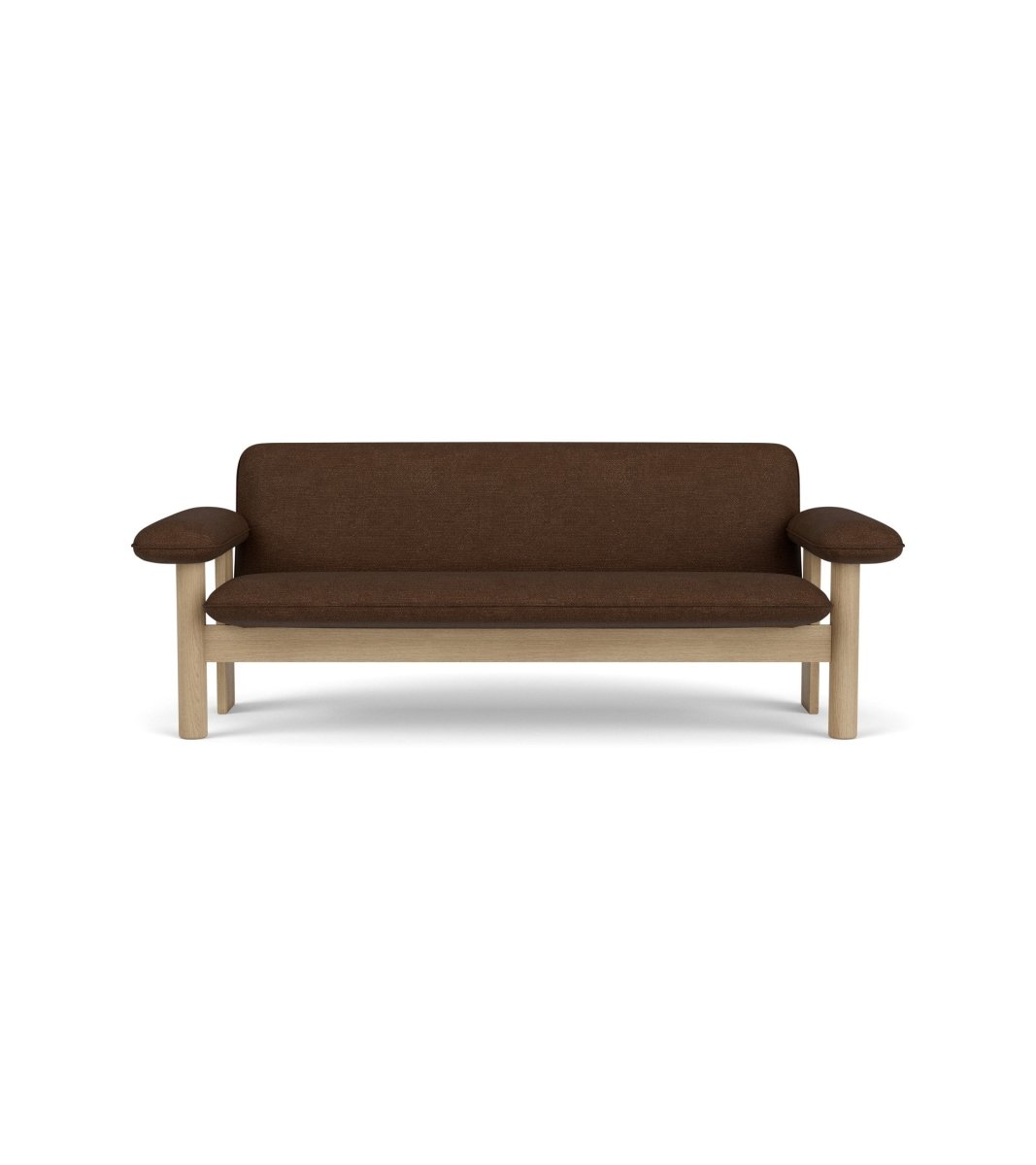 Front view of the Brasilia Sofa upholstered in brown Audo Bouclé 07 with a light natural oak frame.