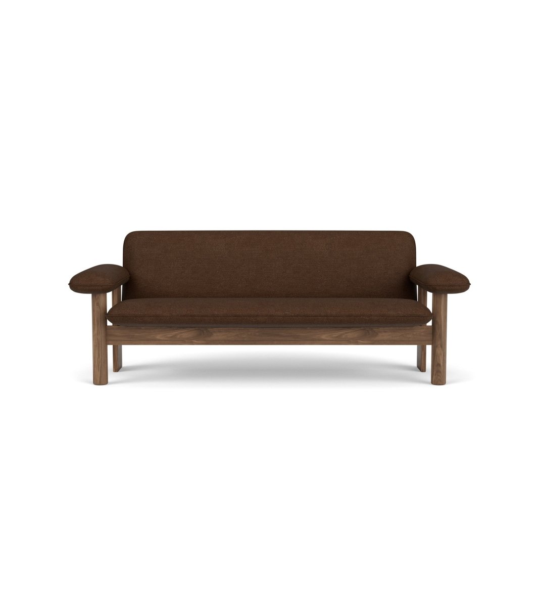 Front view of the Brasilia Sofa upholstered in brown Audo Bouclé 07 with a solid walnut frame.