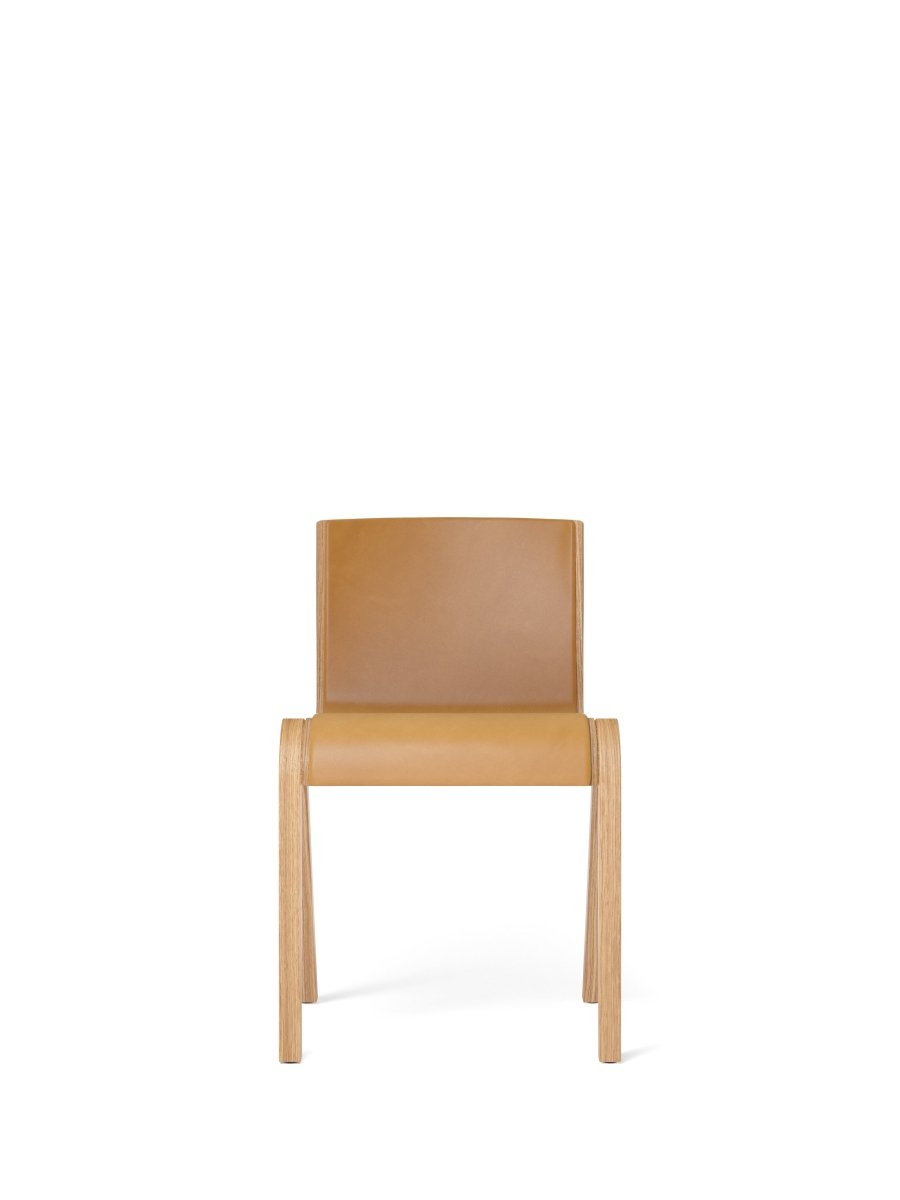 Front view of the Ready Dining Chair, Fully Upholstered in tan Dakar 0250 leather with a natural oak frame.