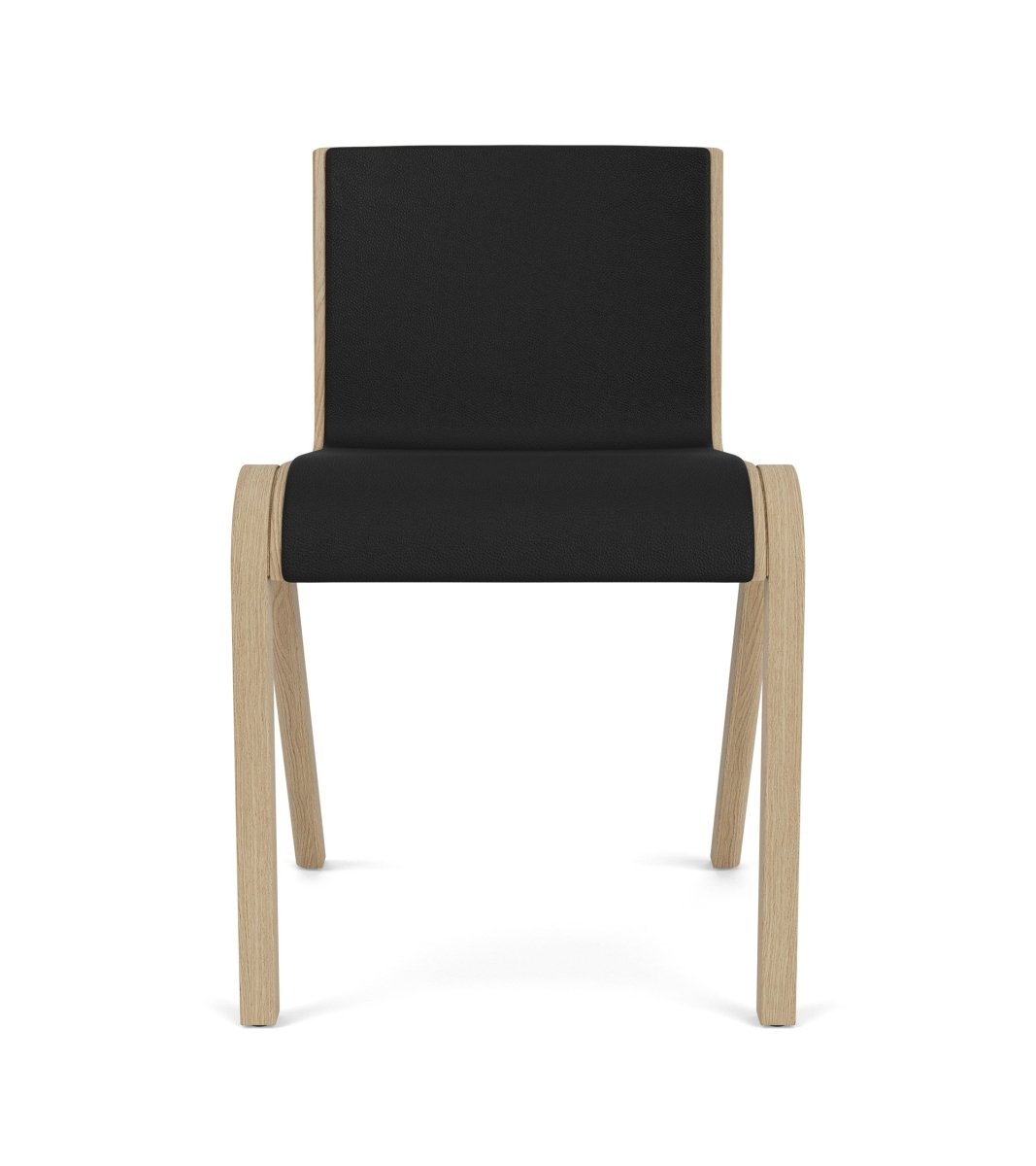 Front view of the Ready Dining Chair, Fully Upholstered, with a natural oak frame and black Sierra leather upholstery.