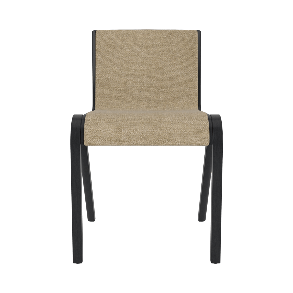 Ready Dining Chair, Fully Upholstered with a black oak frame and beige Audo Bouclé 02 fabric, seen from the front.