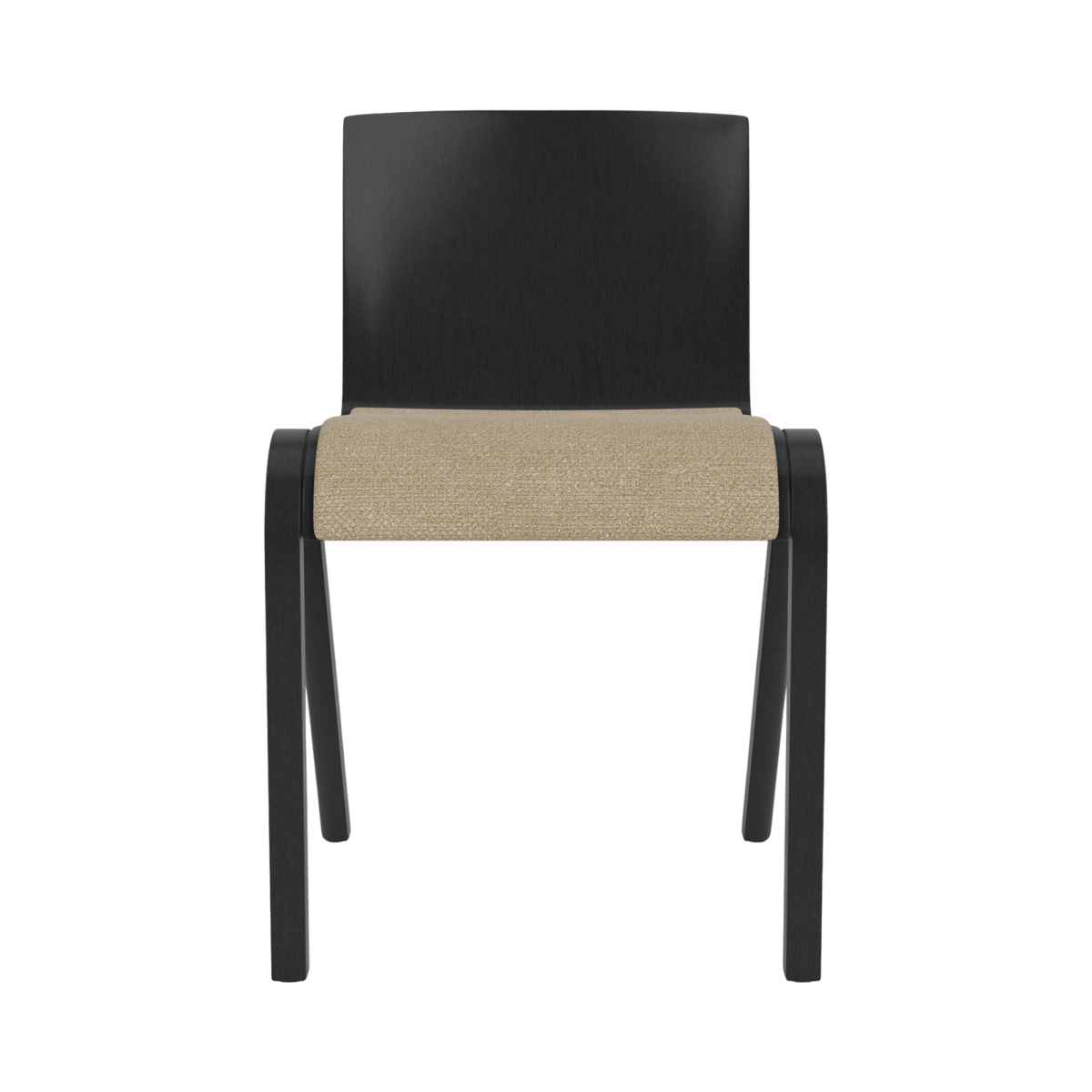 Front view of the Ready Dining Chair featuring a black oak frame and a textured Audo Bouclé 02 upholstered seat.