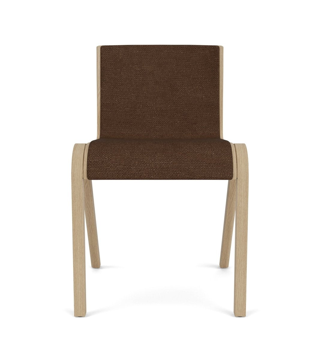 Front view of the Ready Dining Chair, Fully Upholstered in natural oak with brown Audo Bouclé 07 upholstery.