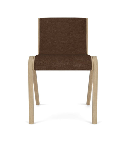 Front view of the Ready Dining Chair, Fully Upholstered in natural oak with brown Audo Bouclé 07 upholstery.